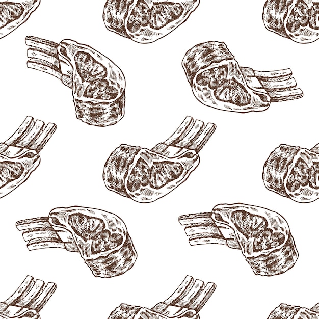 Handdrawn vector seamless pattern of pork beaf lamb ribs piece of meat Doodle vintage sketch