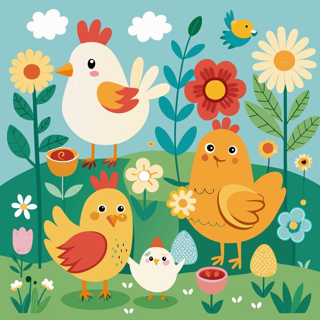 Vector handdrawn vector set of cute chickens and chicks