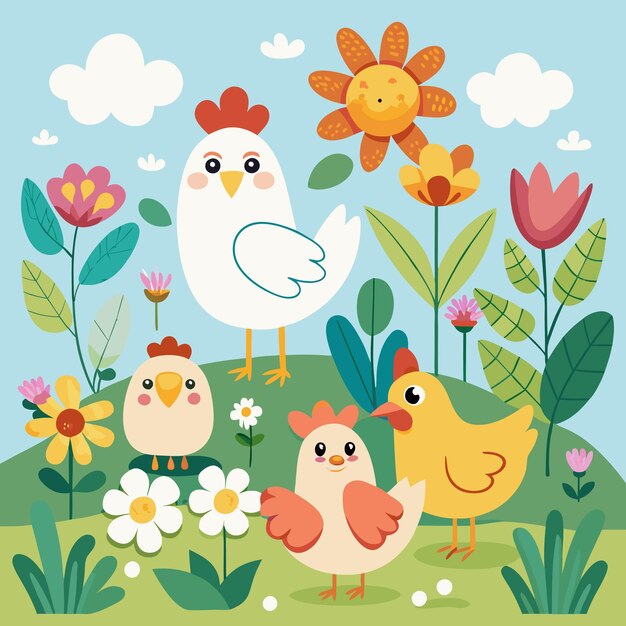 Vector handdrawn vector set of cute chickens and chicks