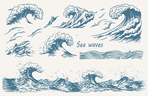 Handdrawn vector set of ocean waves including storm waves tides and beach waves in a vintage sketch style