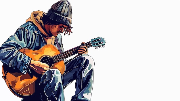 Handdrawn Vector of Street Musician Playing Guitar