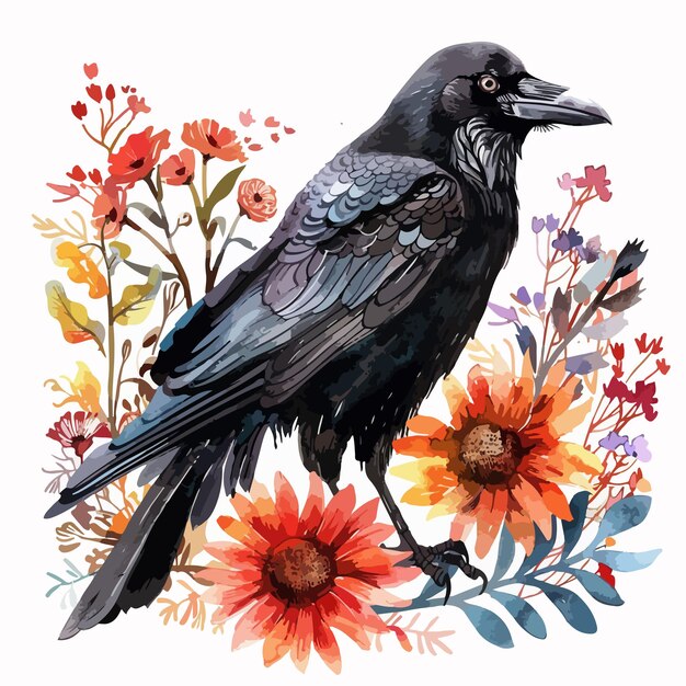 Vector handdrawn watercolor crow floral illustration isolated