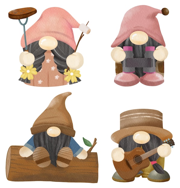 Handdrawn watercolor Gnomes Camping with guitar binoculars campfire Logwood steak and marshmallow