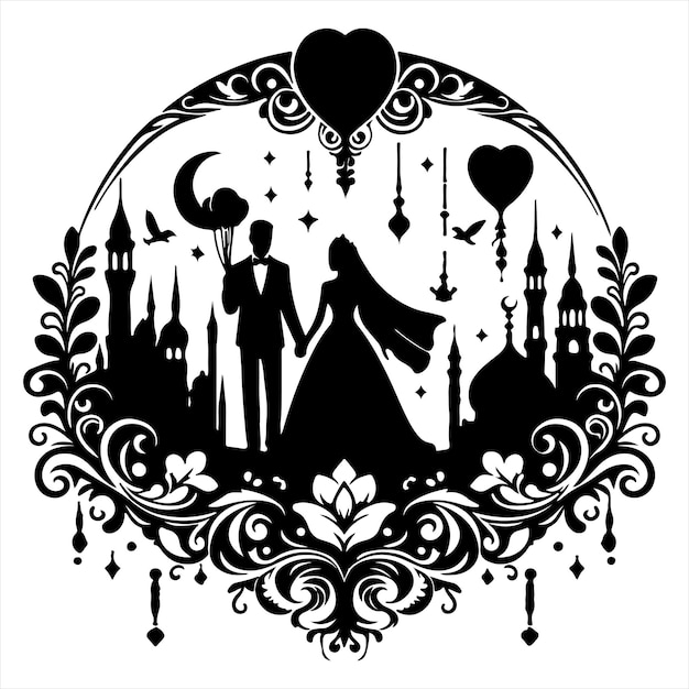 Handdrawn wedding couple silhouette