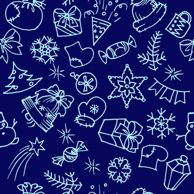 Handdrawn winter and Christmas elements  vector seamless pattern