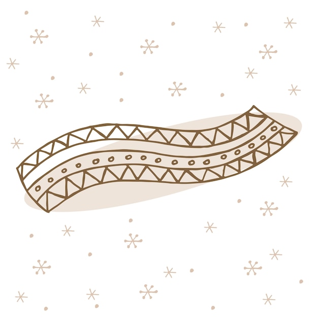 A handdrawn winter clothing Vector illustration in doodle style Winter mood Hello 2023 Merry Christmas and Happy New Year Brown scarf with ornament on a white background with snowflakes