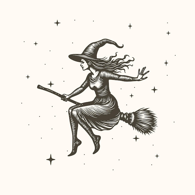 Vector handdrawn witch flying engraved vector for halloween