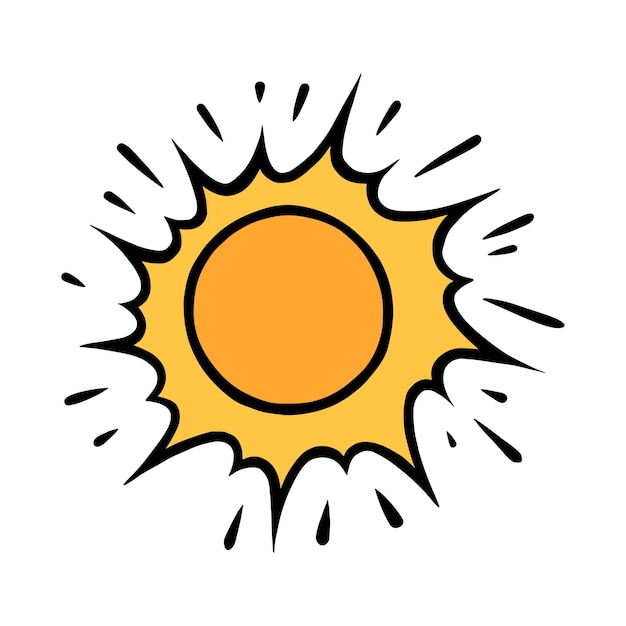 Handdrawn yellow sun Bright shining sun with beams in doodle style Black and white vector