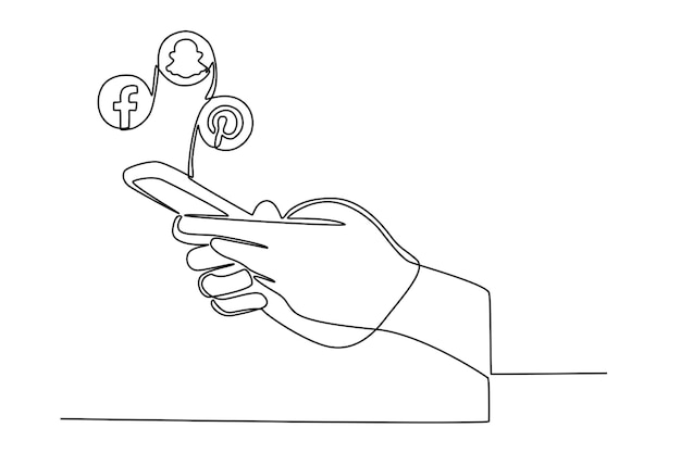 Handholding cellphone with a display of various social media icons Social media day oneline drawing