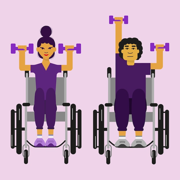 handicapped people in wheelchairs exercising lifting weights vector illustration