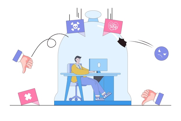 Handling negative feedback deal with poor performance review manage pressure and bad customer experience concepts Businessman employee keep working inside the glass to protect from hate comment