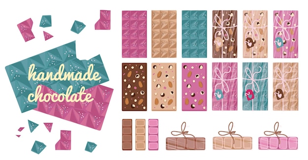 Handmade chocolate set Pink milk and white chocolate Chocolate as a gift Valentine s Day Hand drawn sketch cocoa chocolate product background Vector illustration of natural healthy sweet food