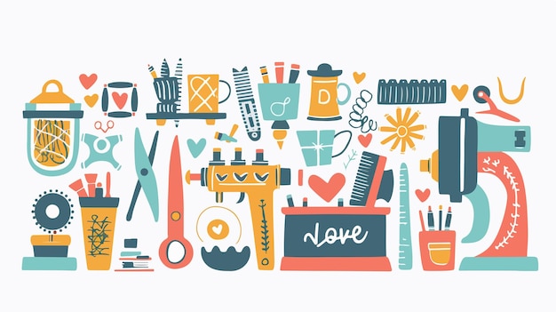 Vector handmade crafts workshop icons made with love flat vector illustration