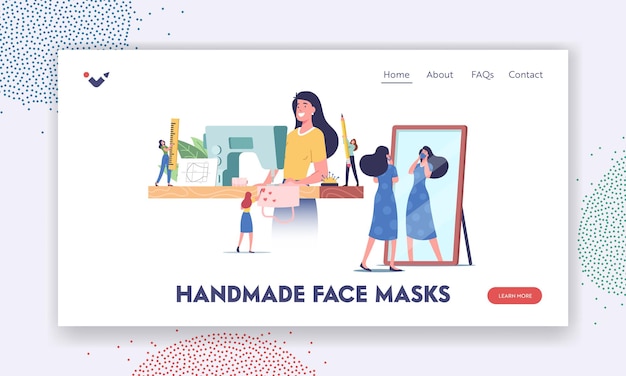 Handmade Diy Protective Face Mask Creation Process Landing Page Template. Characters Sewing Medical Masks at Home for Wearing Outdoors during Coronavirus Pandemic. Cartoon People Vector Illustration