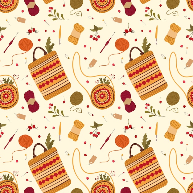 Handmade folk style bags flat vector seamless pattern