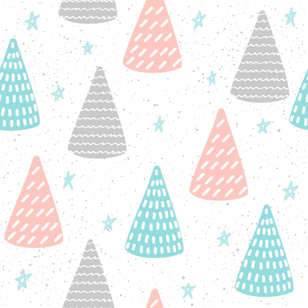 Handmade forest seamless pattern background. Abstract blue, grey, pink spruce pattern for card, invitation, wallpaper, album, scrapbook, holiday wrapping paper, textile fabric, garment, t-shirt etc