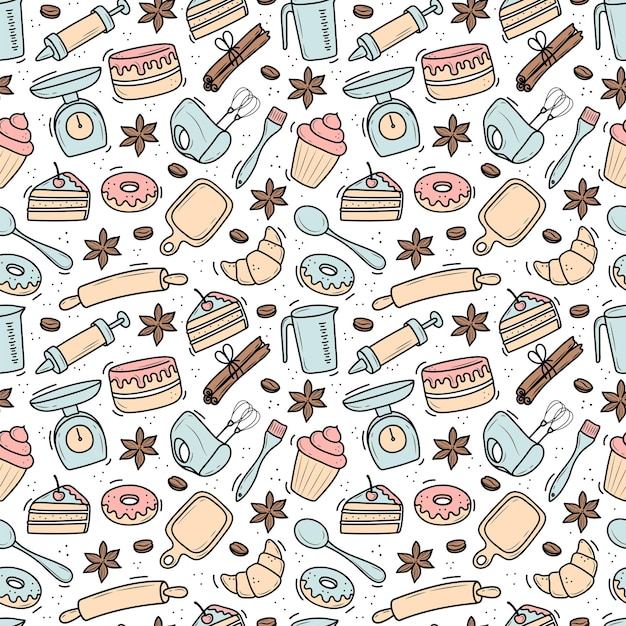 Handmade pattern of elements for baking Doodle style