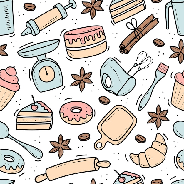 Handmade pattern of elements for baking Doodle style