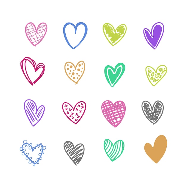 Handrawn colorful hearts vector set