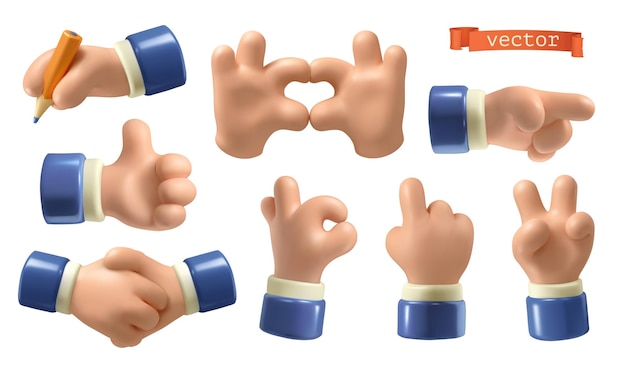 Hands 3d vector icon set Handshake heart sign okay thumb up pointer gestures