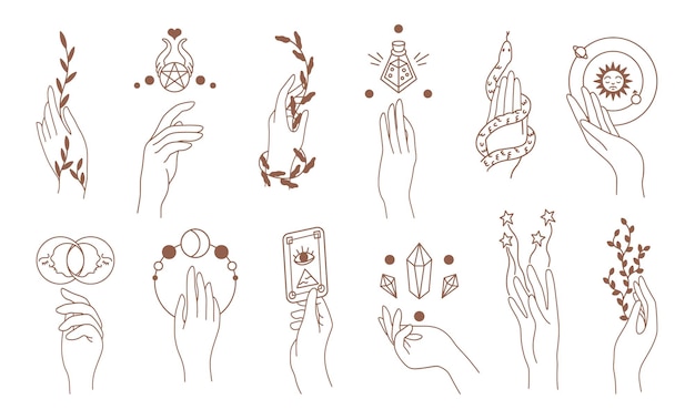 Hands Abstract hand drawn magic woman hands doodle magic feminine symbols Vector set