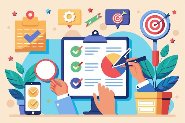 Vector hands actively participating in goal setting using a task board and analyzing charts in a workspace task board with hands goal setting and motivation vision of future