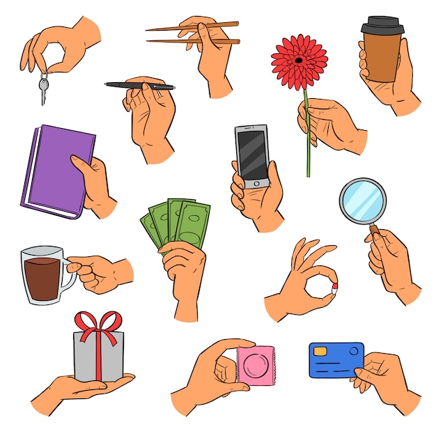 Hands  arm holding smartphone or coffee cup and fingers showing creditcards or gifts illustration set of hand with book or flower  on white background