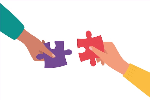 Hands assembling puzzle pieces together Vector illustration