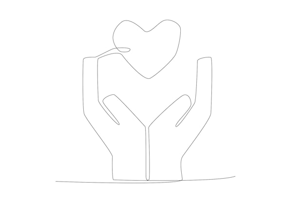 Hands caring the heart as mental health line art