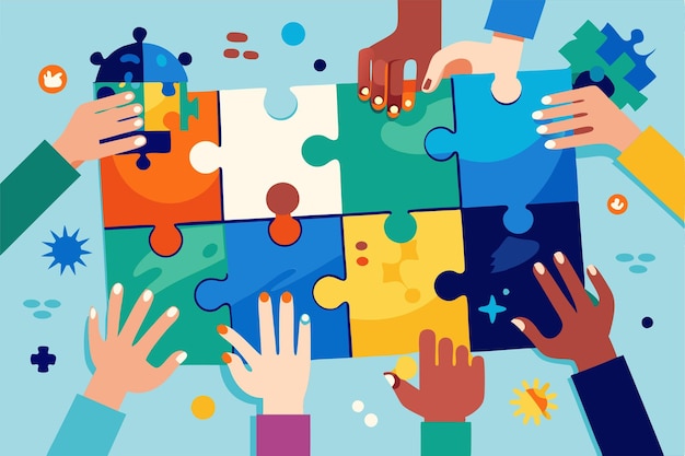 Hands come together to fit vibrant puzzle pieces within a collaborative tabletop activity Hands add up picture from different puzzles