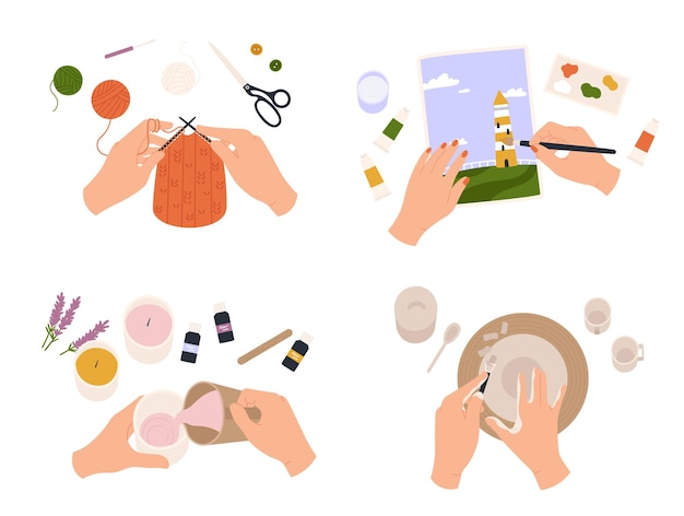 Vector hands create crafts people having handmade classes knitting making candles painting with watercolors