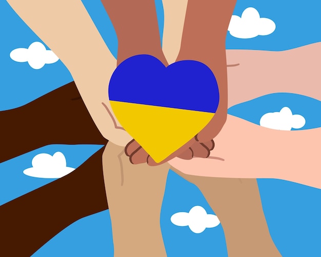 Hands of different colors hold a heart in the shape of the Ukrainian flag