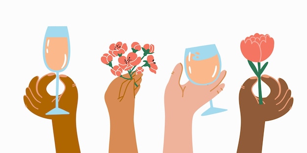 Hands of different skin colors with flowers glasses of champagne Human palms wrists gestures