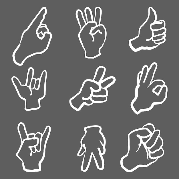 Hands doodles Expression gestures human hands pointing shaking vector hand drawn style Human gesture expression hand thumb and palm illustration