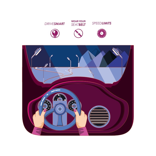 hands driving car with driver safely icons 