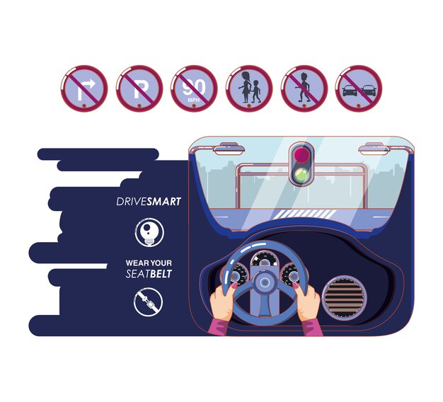 hands driving car with driver safely icons 