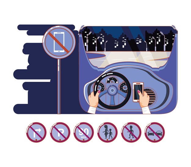 hands driving car with driver safely icons 