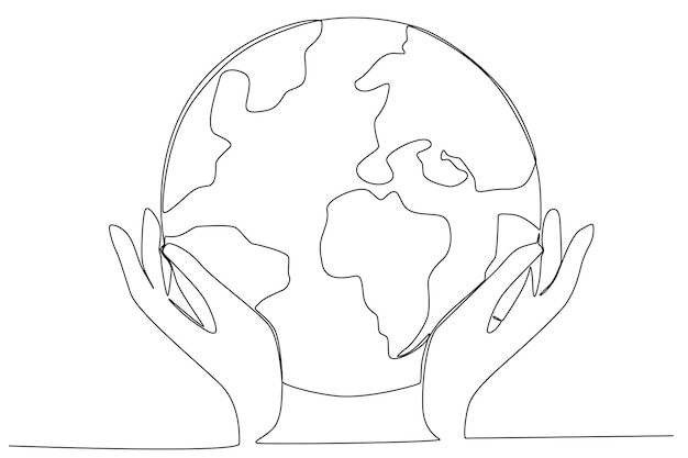 The hands and earth globe illustration for earth day one line art