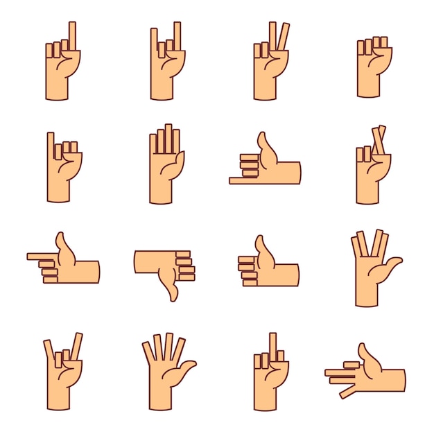 Hands, fingers line icons. Thumb up, like, dislike, and other hands elements. Palm thin linear signs for web.