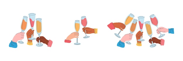 Hands of friends holding glasses with drinks full of champagne Cheers or drinking toast to friendship People of different nationalities drink sparkling wine Collection vector flat illustration