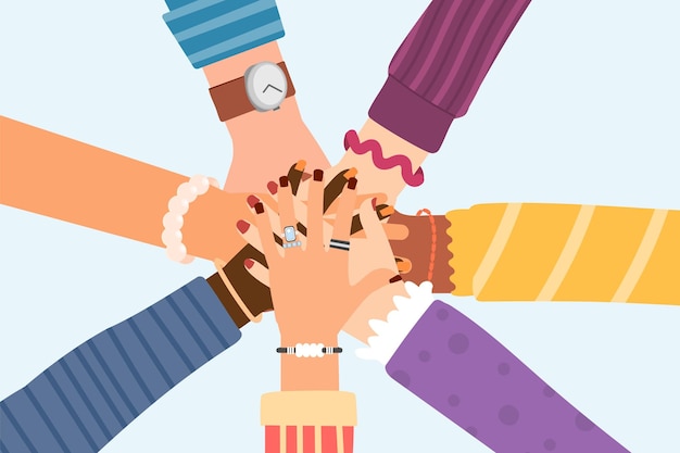 Hands friends together Team friend millennials relationship Teenagers hand circle fun friendship day Community and support cooperation decent vector metaphor