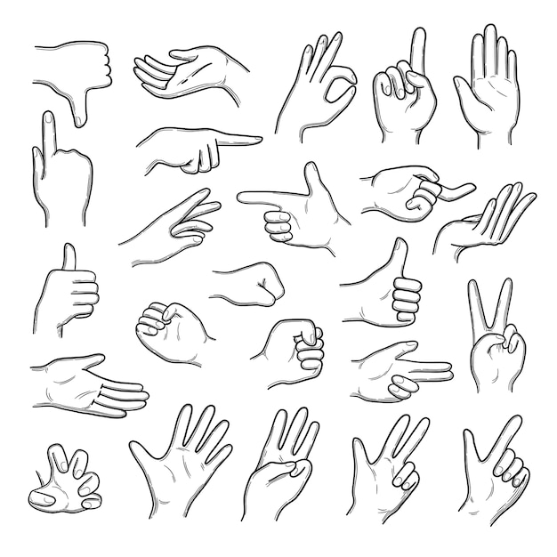 Hands gestures. Human pointing hands showing thumbs up down like  set. Gesture finger expression, hand thumb and palm, sketch gesturing illustration