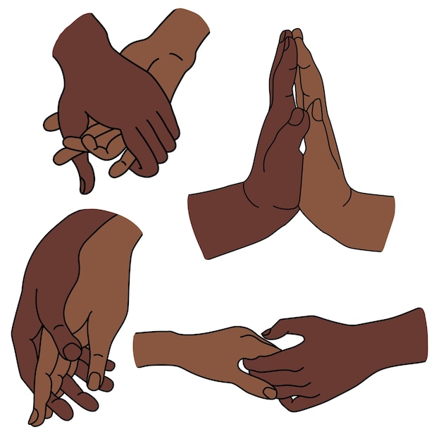 Hands and gestures Set of gestures 2 hands dark skin ethnicity female palm is attached to male palm