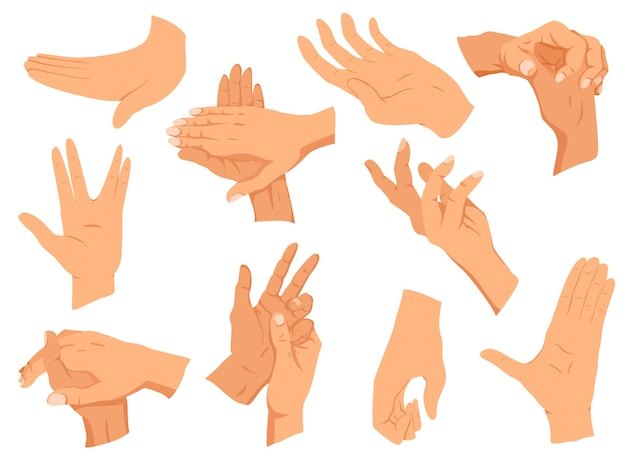 Hands gestures. set hands in different interpretations, showing signal, emotions or signs. Flat design modern concept.