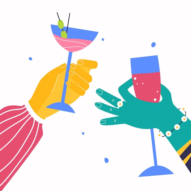 hands hold different alcoholic cocktails