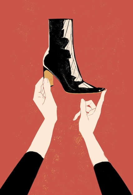 hands hold a heel boot illustration shoes fetishism passion concept