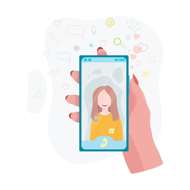 Hands hold a phone Concepts of internet network communications People chatting and chatting together on social networks Woman holding a phone or tablet in her hand Vector illustration