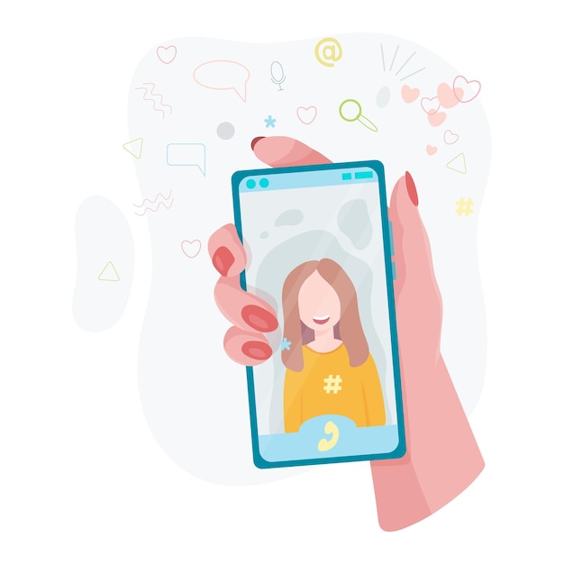 Hands hold a phone Concepts of internet network communications People chatting and chatting together on social networks Woman holding a phone or tablet in her hand Vector illustration