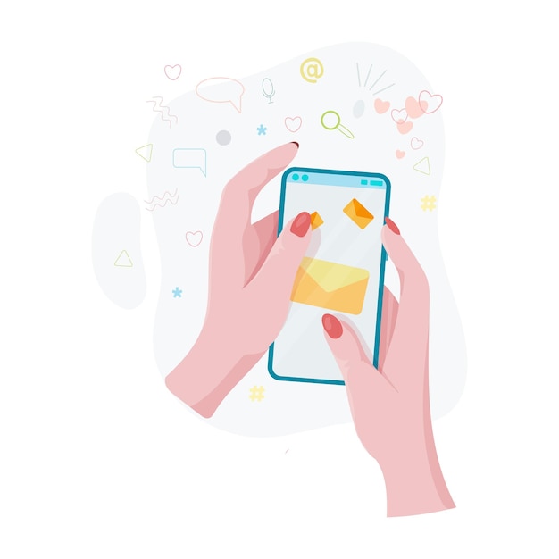 Hands hold a phone Concepts of internet network communications People chatting and chatting together on social networks Woman holding a phone or tablet in her hand Vector illustration