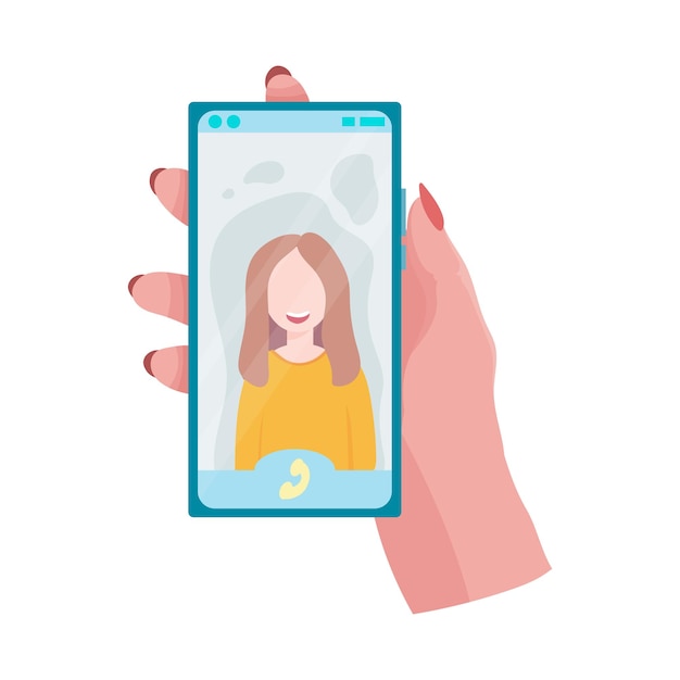 Hands hold a phone Concepts of internet network communications People chatting and chatting together on social networks Woman holding a phone or tablet in her hand Vector illustration